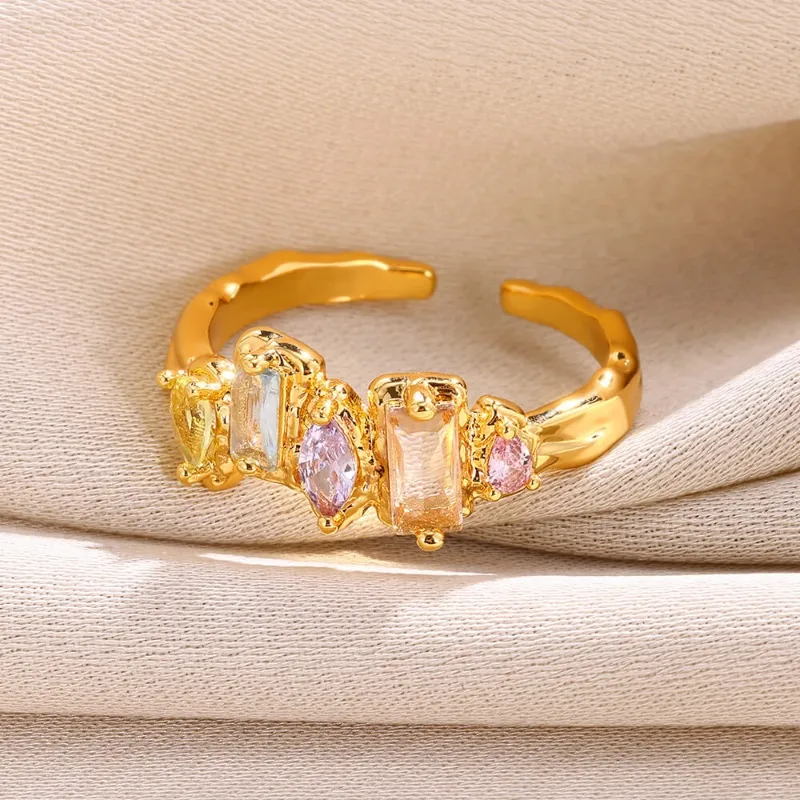 Colourful Zircon Adjustable Open Ring 18k Gold Plated Stainless Steel Tarnish Free