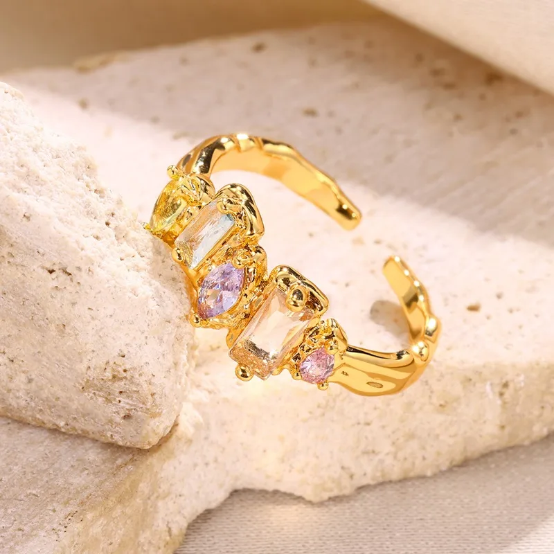 Colourful Zircon Adjustable Open Ring 18k Gold Plated Stainless Steel Tarnish Free