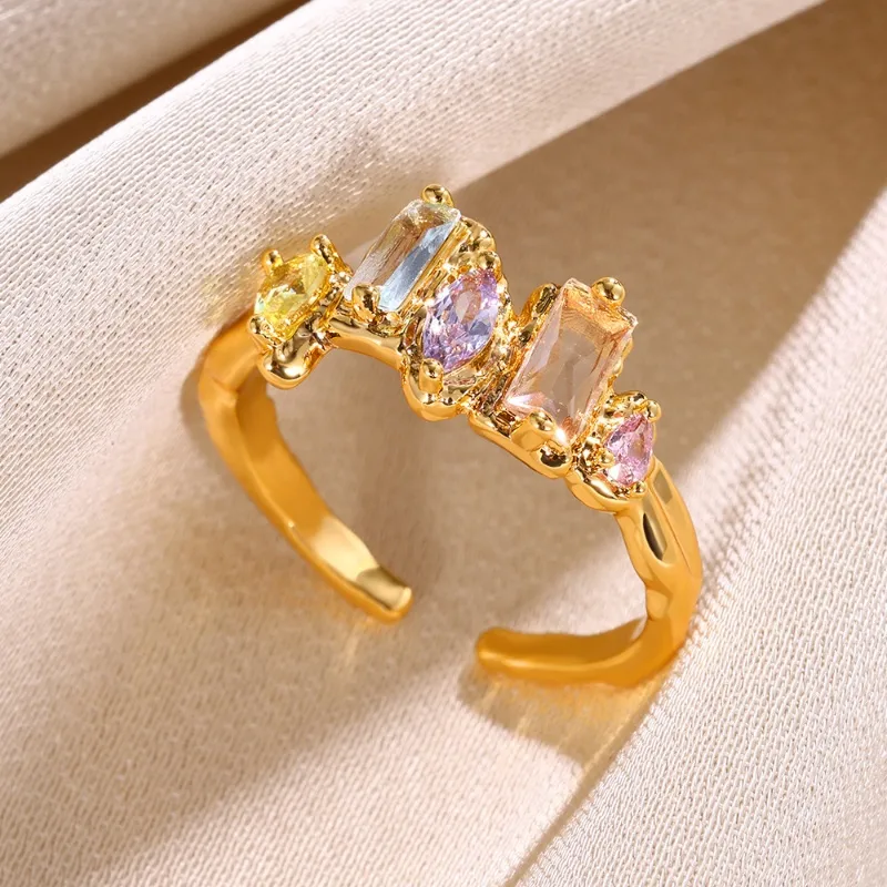 Colourful Zircon Adjustable Open Ring 18k Gold Plated Stainless Steel Tarnish Free
