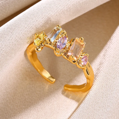 Colourful Zircon Adjustable Open Ring 18k Gold Plated Stainless Steel Tarnish Free