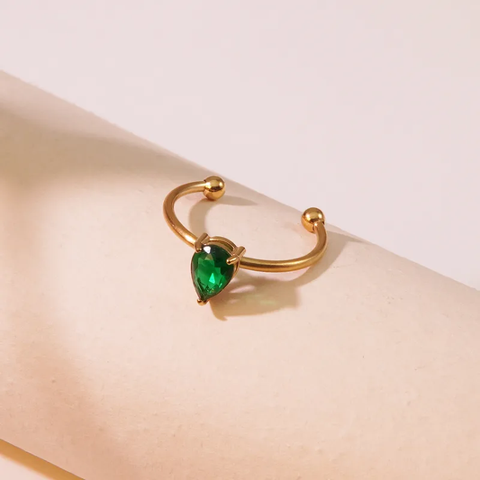 Emerald Green Teardrop Zircon Open Adjustable Ring 18K Gold Plated Stainless Steel Waterproof