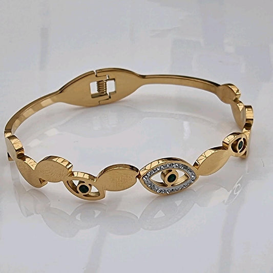 18K Gold Plated Evil Eye Bangle with CZ Stones Stainless Stones
