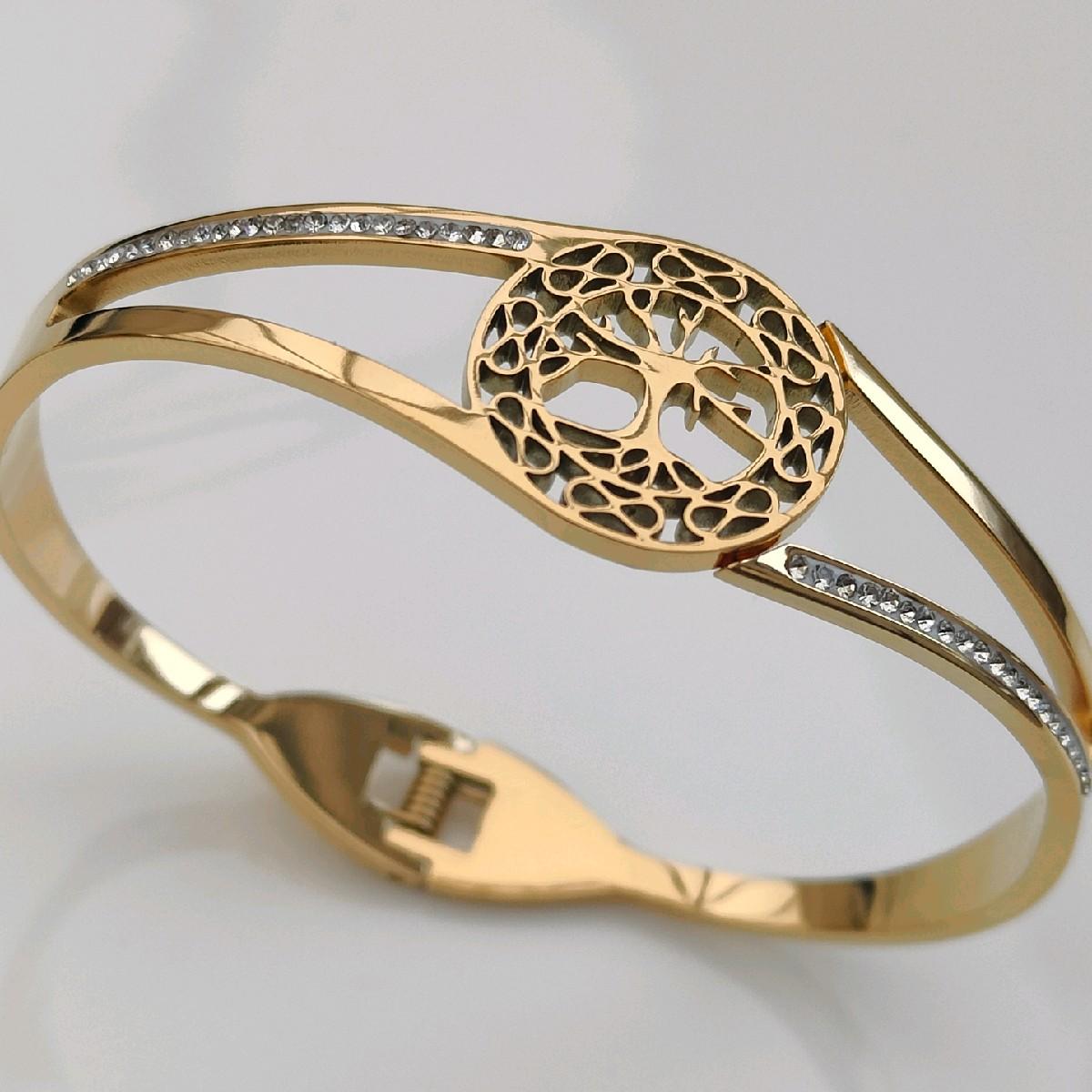18k Gold Plated Tree Bangle with CZ Stones Stainless Steel