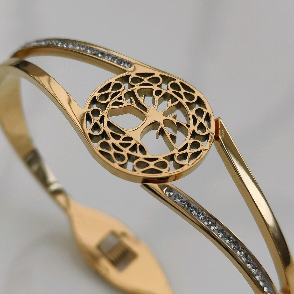 18k Gold Plated Tree Bangle with CZ Stones Stainless Steel