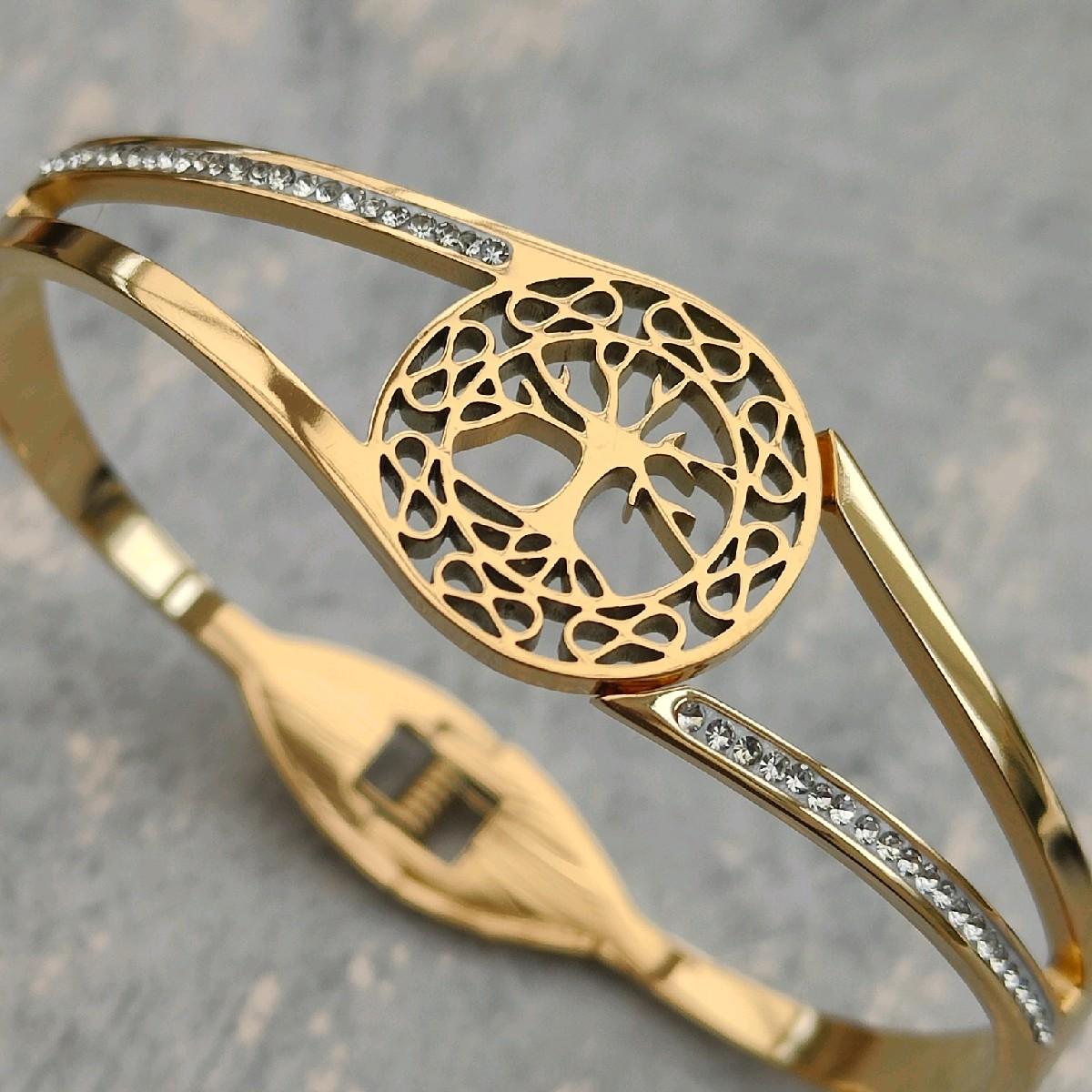 18k Gold Plated Tree Bangle with CZ Stones Stainless Steel