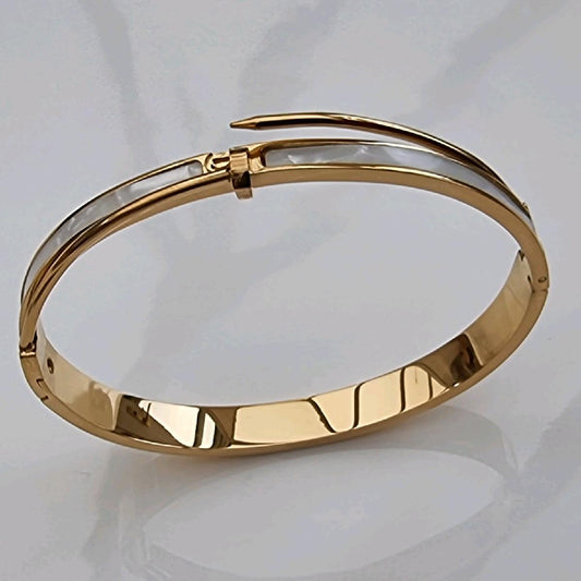 18k Gold Plated Mother of Pearl Nail Design Statement Bangle Stainless Steel