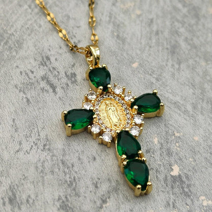 18K Gold Plated Necklace with Sparkling Emerald  Zircon Cross Pendant