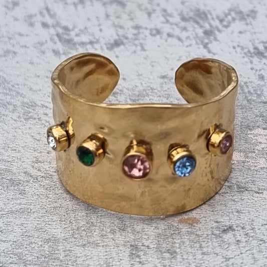 18K Gold Plated Wide Ring with Multi Colour Zircon Stones Stainless Steel