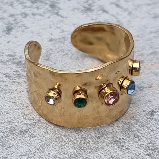 18K Gold Plated Wide Ring with Multi Colour Zircon Stones Stainless Steel