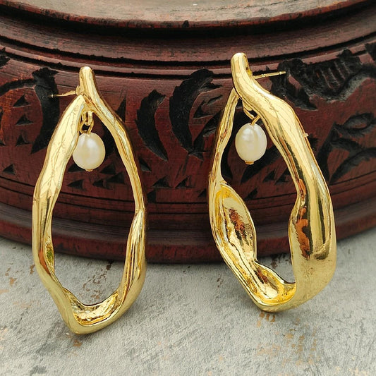 18K Gold Plated Statement Pearl Hoop Earrings