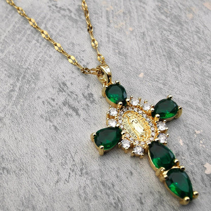 18K Gold Plated Necklace with Sparkling Emerald  Zircon Cross Pendant