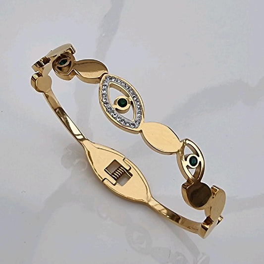 18K Gold Plated Evil Eye Bangle with CZ Stones Stainless Stones