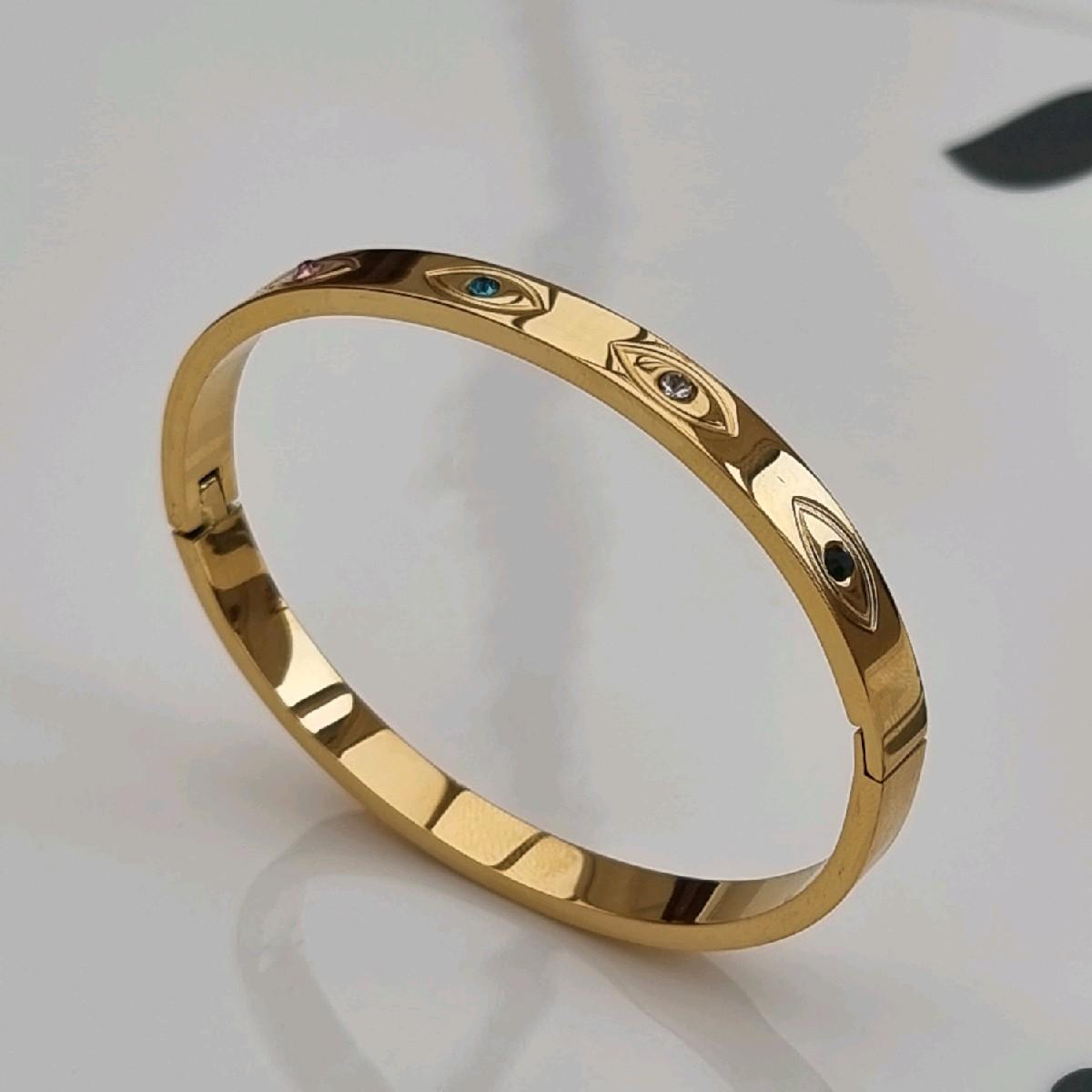 18K Gold Plated Evil Eye Bangle with Multi Colour Zircon Stones Hypoallergenic Stainless Steel