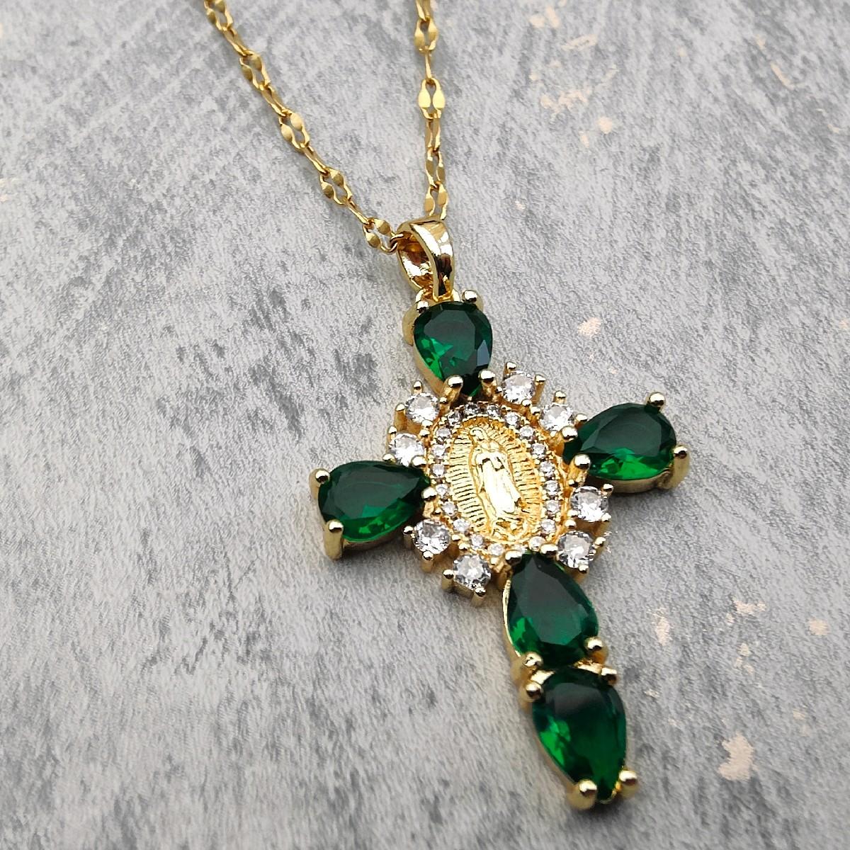 18K Gold Plated Necklace with Sparkling Emerald  Zircon Cross Pendant